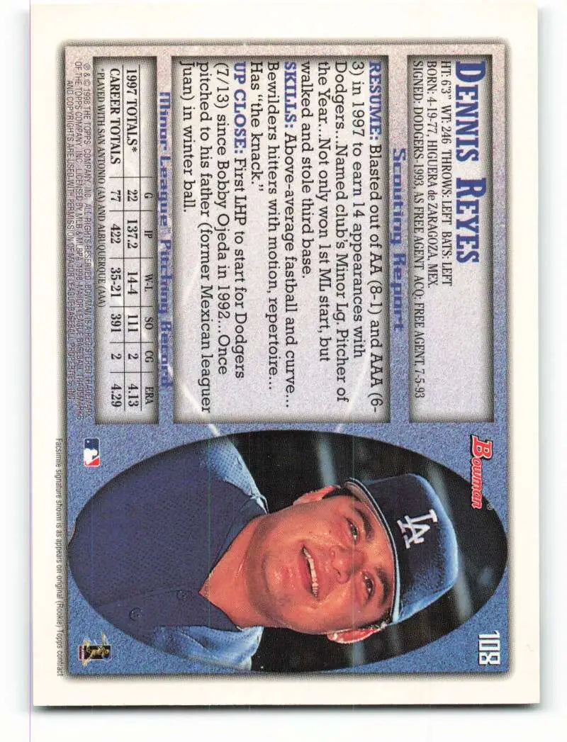 1998 Bowman #108 Dennys Reyes EX Excellent Los Angeles Dodgers Baseball Card - Baseball Card Single