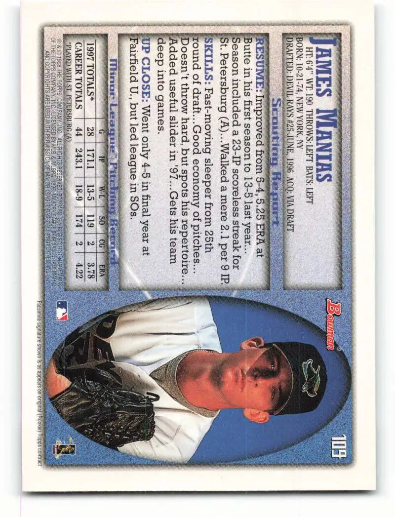 1998 Bowman #109 James Manias EX Excellent Tampa Bay Devil Rays Baseball Card - Baseball Card Single