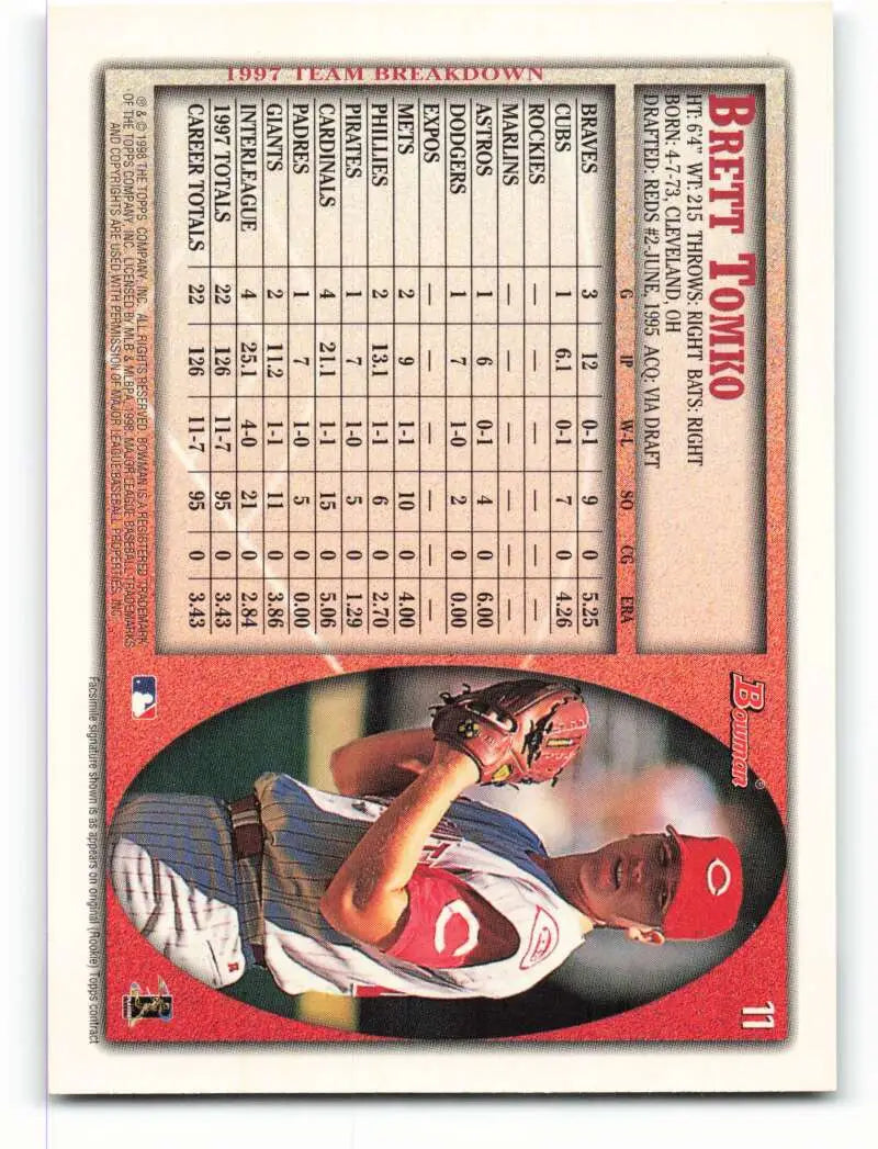 1998 Bowman #11 Brett Tomko EX Excellent Cincinnati Reds Baseball Card - Baseball Card Single