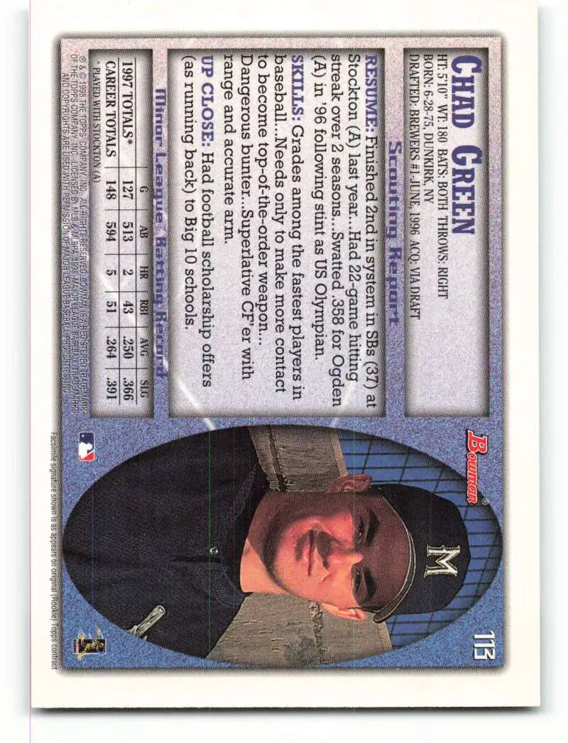 1998 Bowman #113 Chad Green EX Excellent Milwaukee Brewers Baseball Card - Baseball Card Single
