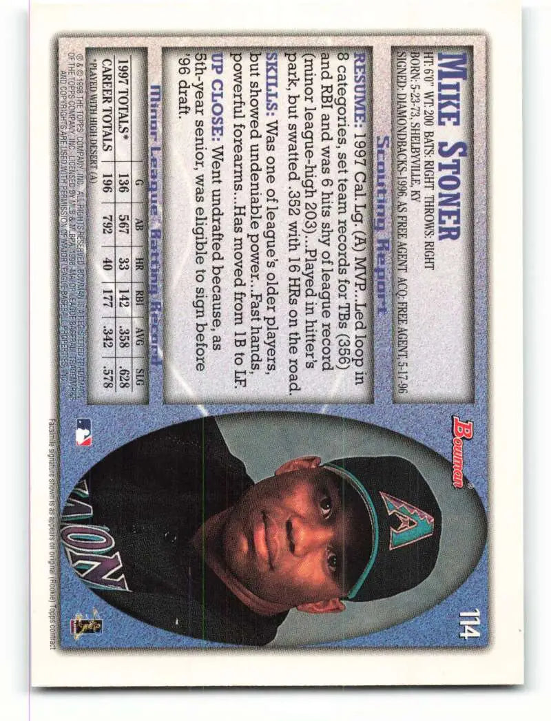 1998 Bowman #114 Mike Stoner EX Excellent RC Rookie Arizona Diamondbacks Baseball Card - Baseball Card Single