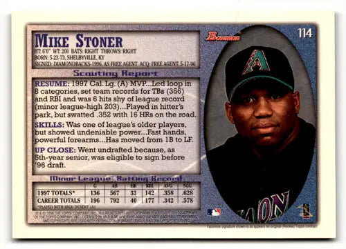 1998 Bowman #114 Mike Stoner NM Near Mint RC Rookie Diamondbacks ID:52013 - Baseball Card Single