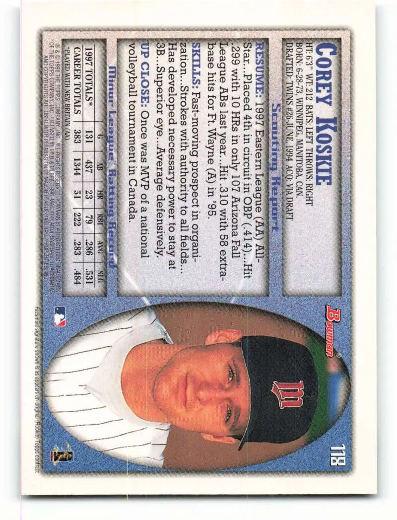 1998 Bowman #118 Corey Koskie EX Excellent RC Rookie Minnesota Twins Baseball Card - Baseball Card Single