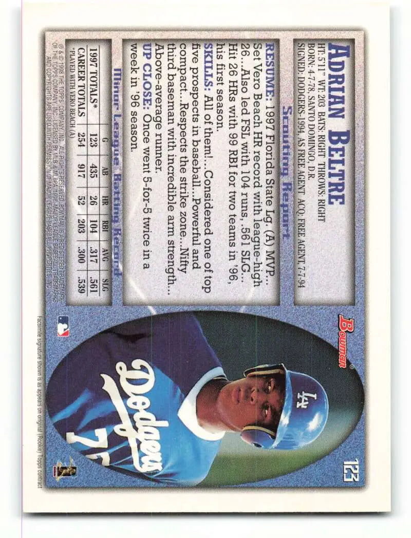 1998 Bowman #123 Adrian Beltre EX Excellent Los Angeles Dodgers Baseball Card - Baseball Card Single