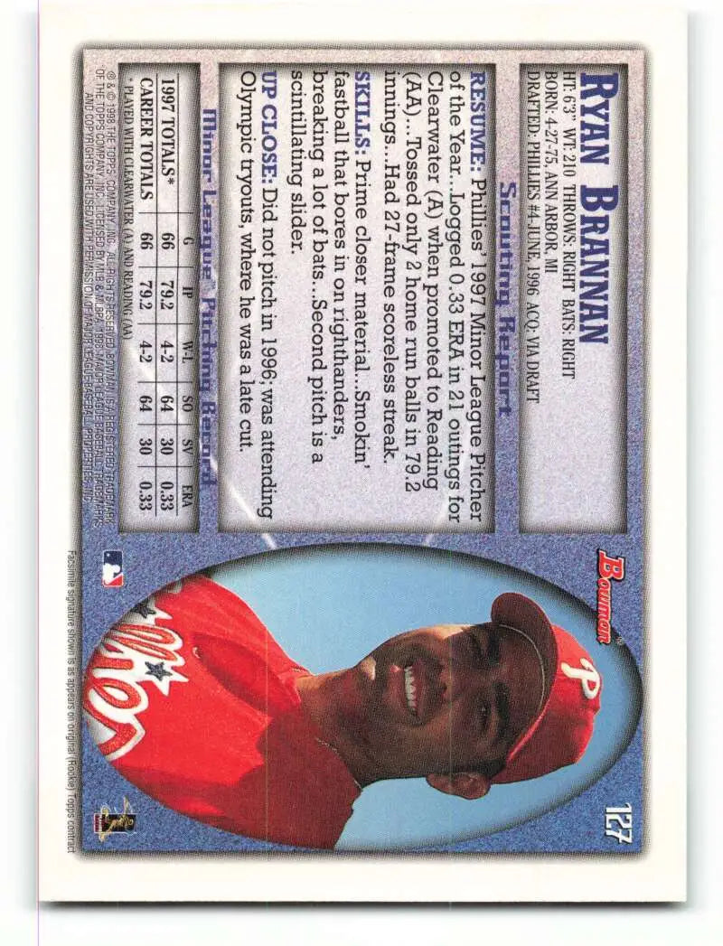 1998 Bowman #127 Ryan Brannan EX Excellent Philadelphia Phillies Baseball Card - Baseball Card Single