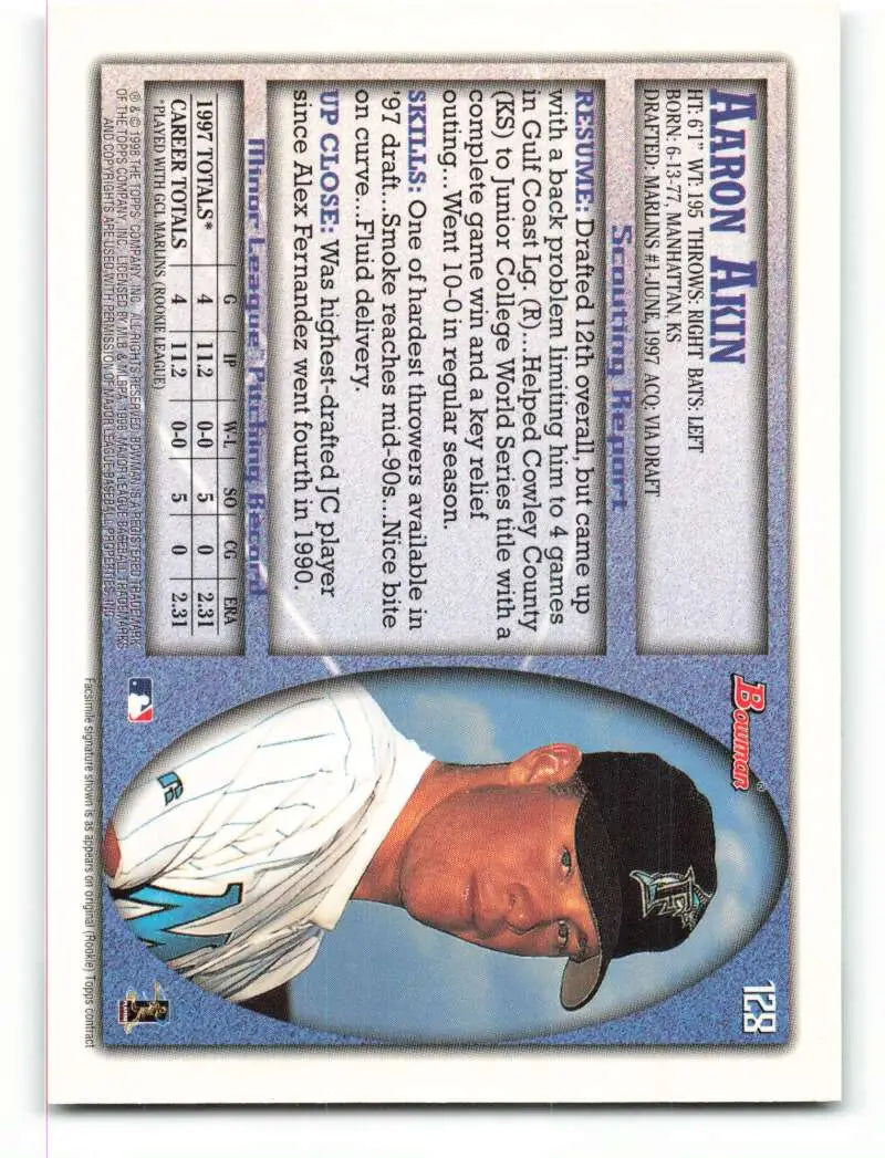 1998 Bowman #128 Aaron Akin EX Excellent Florida Marlins Baseball Card - Baseball Card Single