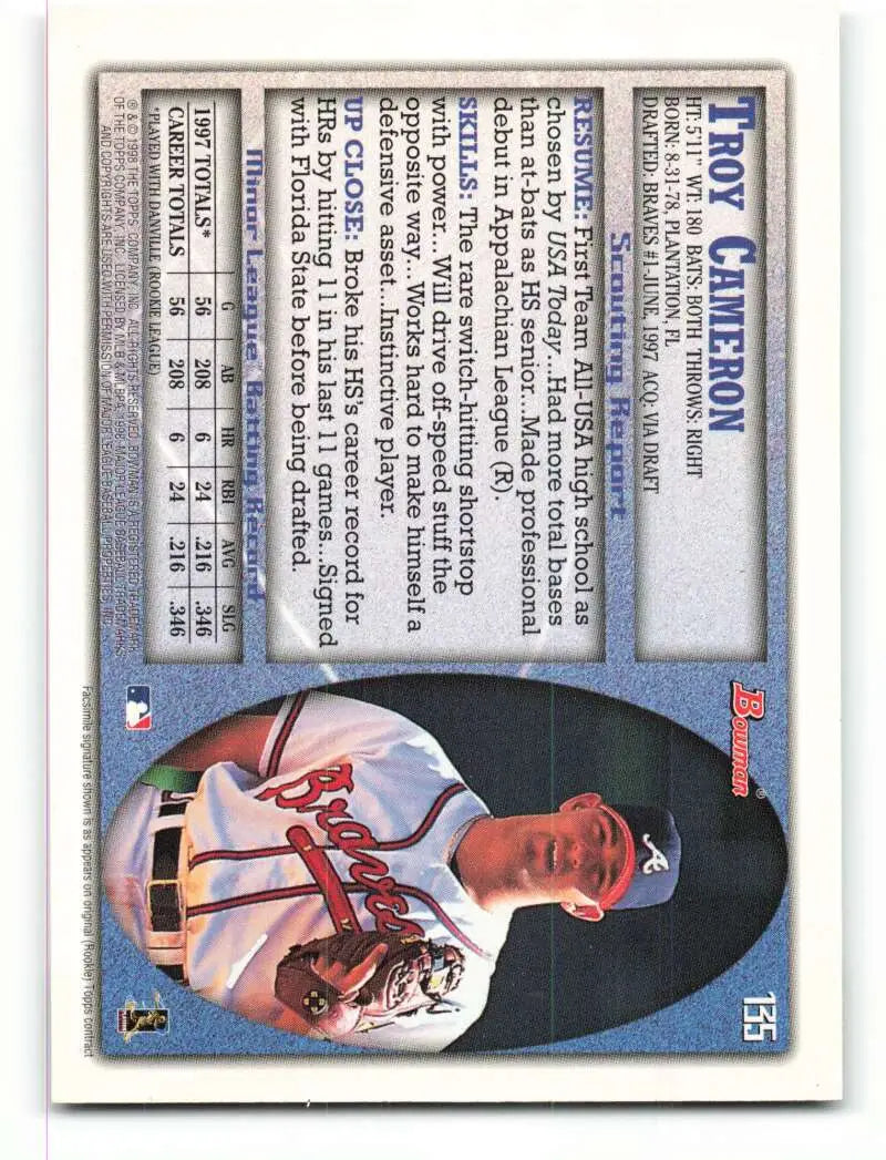 1998 Bowman #135 Troy Cameron EX Excellent Atlanta Braves Baseball Card - Baseball Card Single