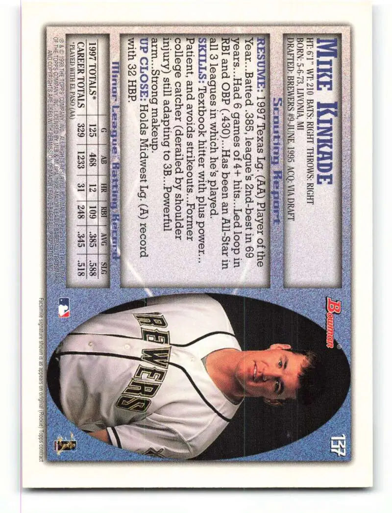 1998 Bowman #137 Mike Kinkade EX Excellent RC Rookie Milwaukee Brewers Baseball Card - Baseball Card Single