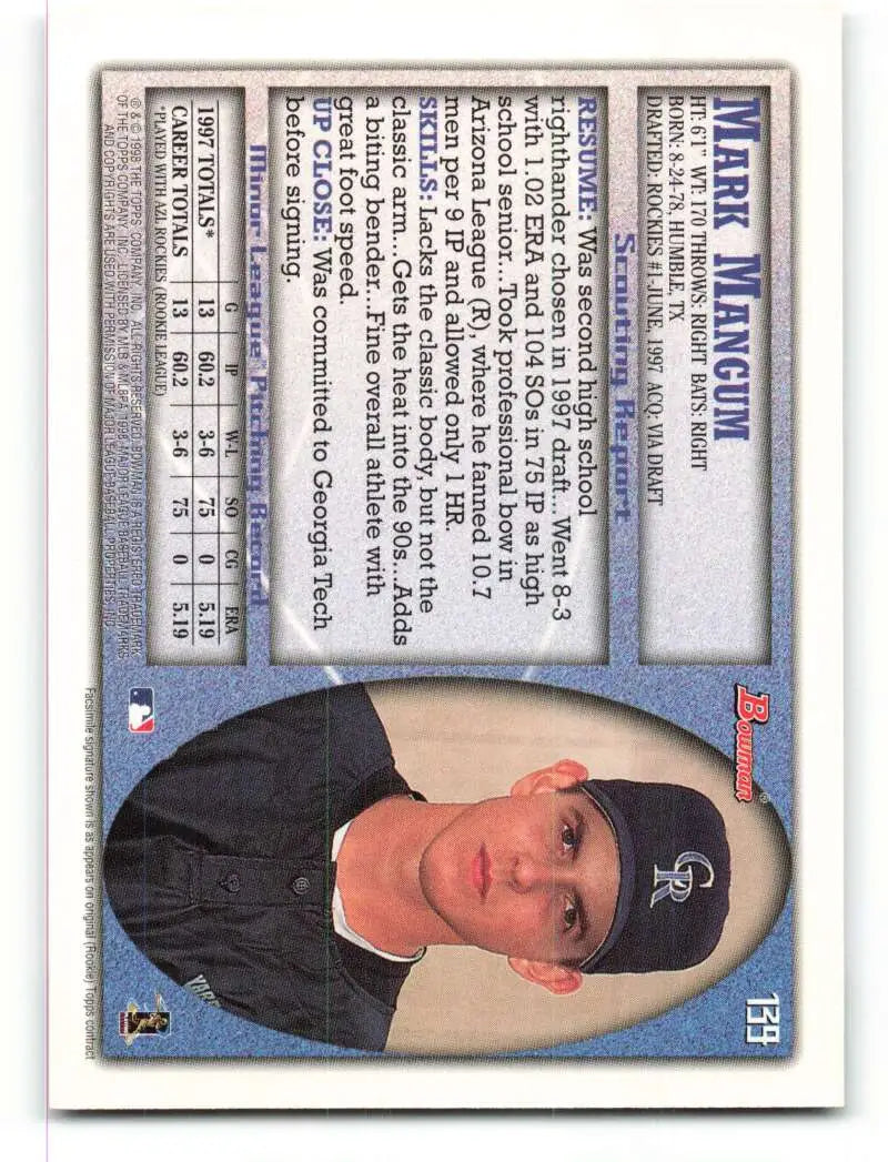 1998 Bowman #139 Mark Mangum EX Excellent Colorado Rockies Baseball Card - Baseball Card Single