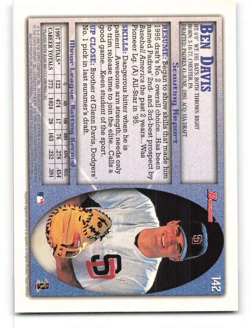 1998 Bowman #142 Ben Davis EX Excellent San Diego Padres Baseball Card - Baseball Card Single