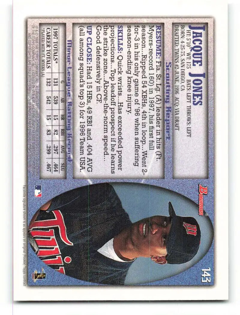 1998 Bowman #143 Jacque Jones EX Excellent Minnesota Twins Baseball Card - Baseball Card Single