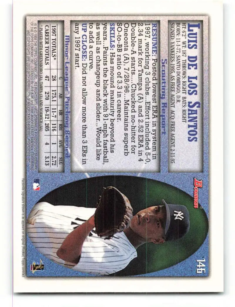 1998 Bowman #146 Luis De Los Santos EX Excellent RC Rookie New York Yankees Baseball Card - Baseball Card Single