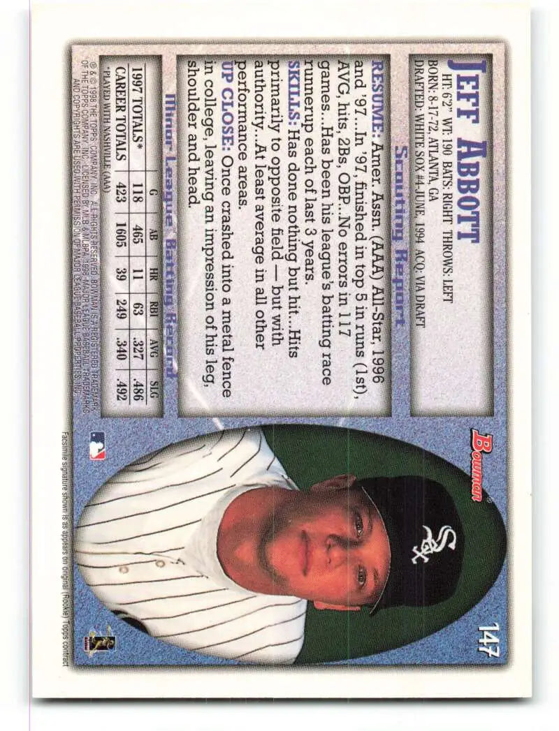 1998 Bowman #147 Jeff Abbott EX Excellent Chicago White Sox Baseball Card - Baseball Card Single