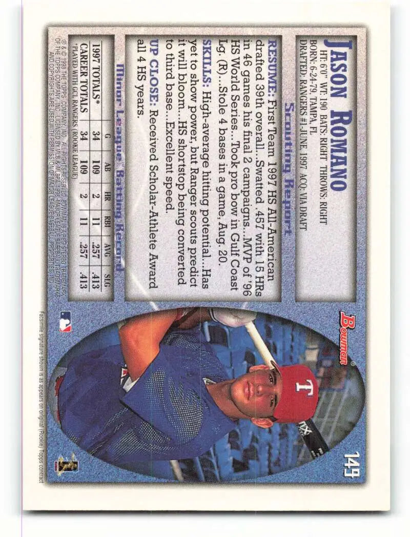 1998 Bowman #149 Jason Romano EX Excellent Texas Rangers Baseball Card - Baseball Card Single