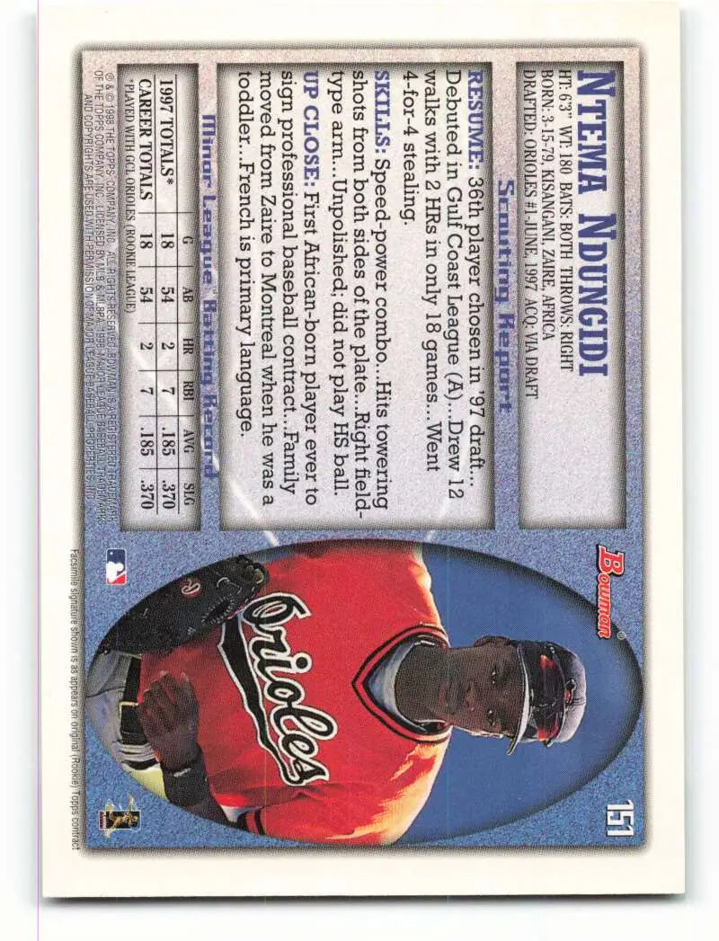 1998 Bowman #151 Ntema Ndungidi EX Excellent RC Rookie Baltimore Orioles Baseball Card - Baseball Card Single