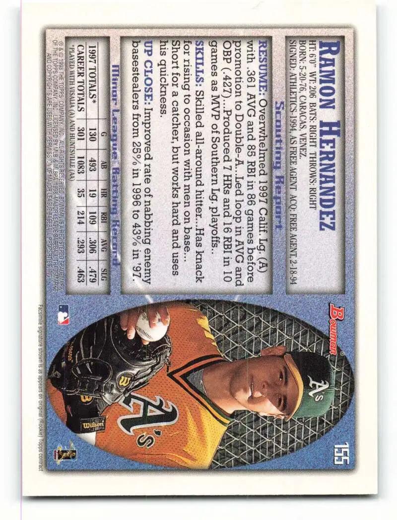 1998 Bowman #155 Ramon Hernandez EX Excellent Oakland Athletics Baseball Card - Baseball Card Single