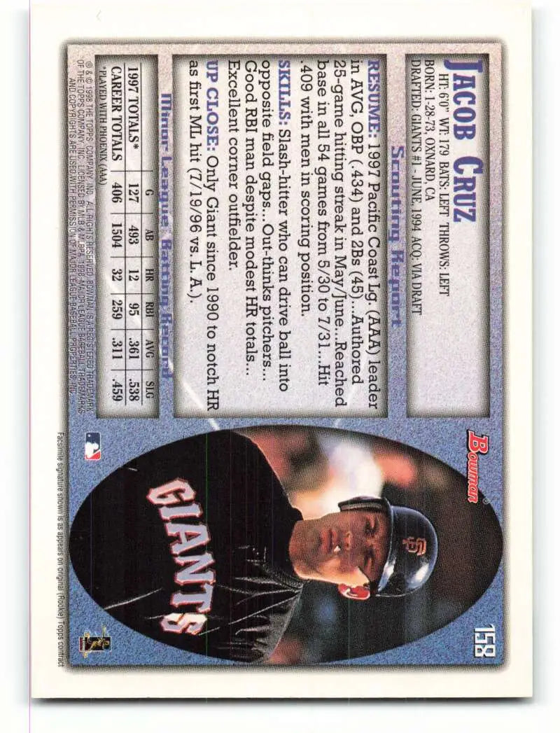 1998 Bowman #158 Jacob Cruz EX Excellent San Francisco Giants Baseball Card - Baseball Card Single