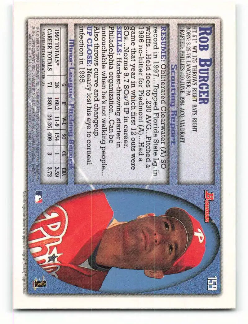 1998 Bowman #159 Rob Burger EX Excellent RC Rookie Philadelphia Phillies Baseball Card - Baseball Card Single