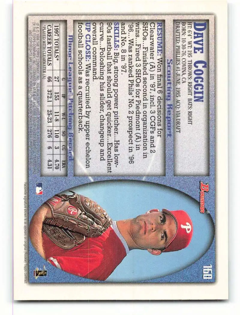 1998 Bowman #160 Dave Coggin EX Excellent Philadelphia Phillies Baseball Card - Baseball Card Single