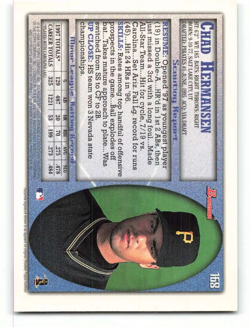 1998 Bowman #168 Chad Hermansen EX Excellent Pittsburgh Pirates Baseball Card - Baseball Card Single