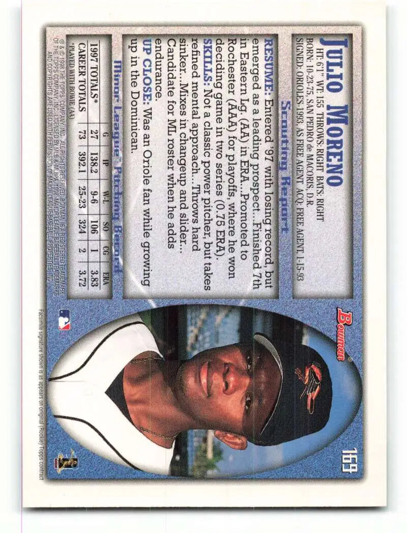 1998 Bowman #169 Julio Moreno EX Excellent RC Rookie Baltimore Orioles Baseball Card - Baseball Card Single