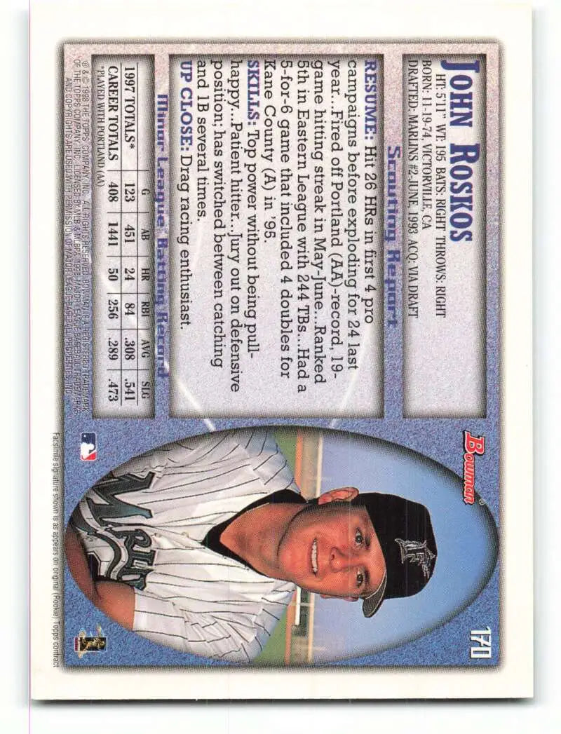1998 Bowman #170 John Roskos EX Excellent RC Rookie Florida Marlins Baseball Card - Baseball Card Single