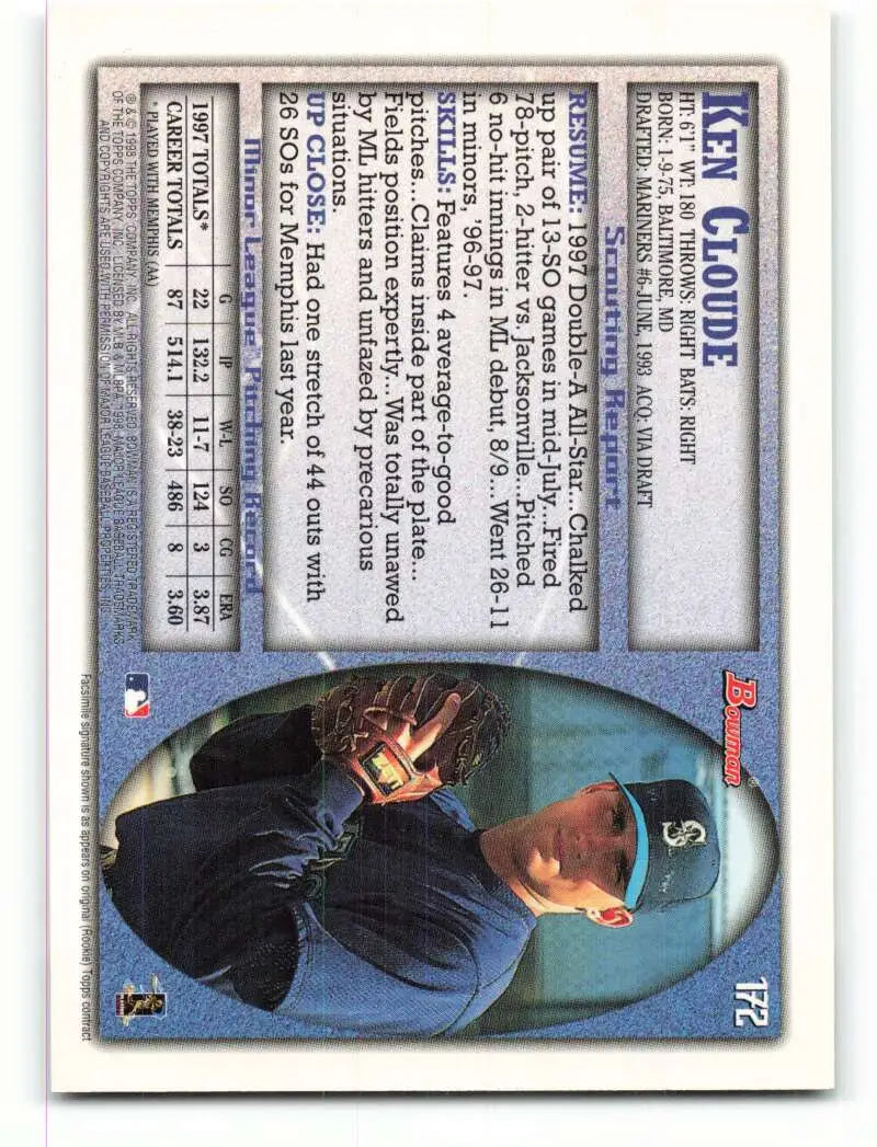1998 Bowman #172 Ken Cloude EX Excellent Seattle Mariners Baseball Card - Baseball Card Single