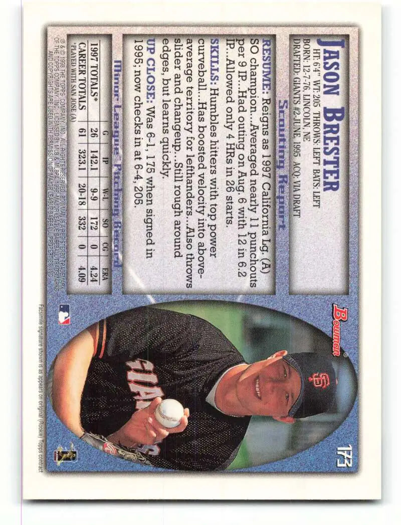 1998 Bowman #173 Jason Brester EX Excellent San Francisco Giants Baseball Card - Baseball Card Single