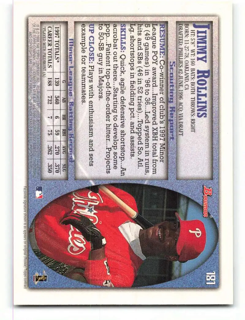 1998 Bowman #181 Jimmy Rollins EX Excellent RC Rookie Philadelphia Phillies Baseball Card - Baseball Card Single