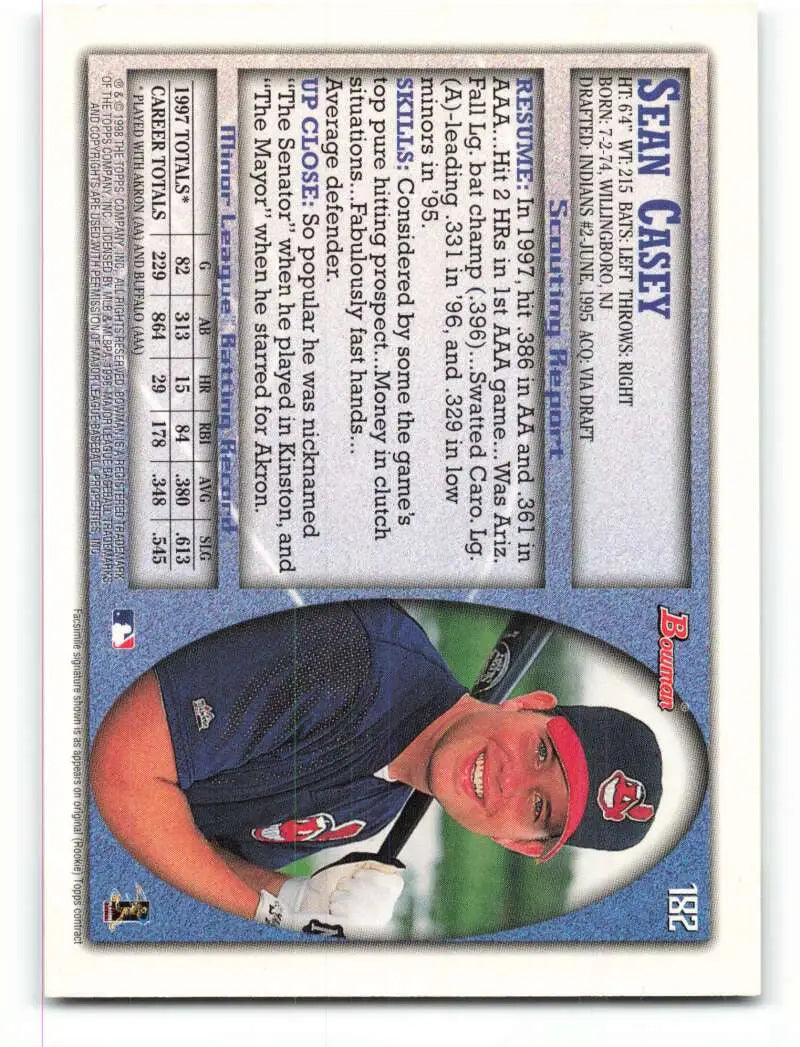 1998 Bowman #182 Sean Casey EX Excellent Cleveland Indians Baseball Card - Baseball Card Single