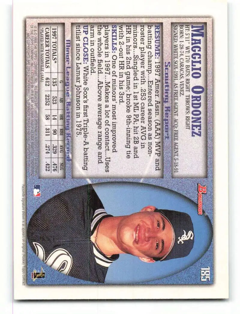 1998 Bowman #185 Magglio Ordonez EX Excellent RC Rookie Chicago White Sox Baseball Card - Baseball Card Single