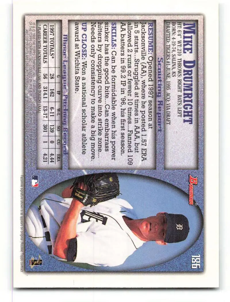 1998 Bowman #186 Mike Drumright EX Excellent Detroit Tigers Baseball Card - Baseball Card Single