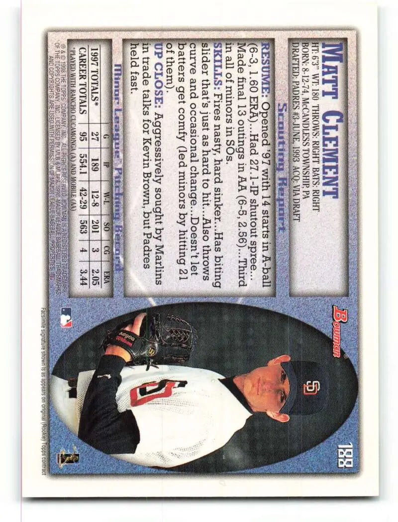 1998 Bowman #188 Matt Clement EX Excellent San Diego Padres Baseball Card - Baseball Card Single