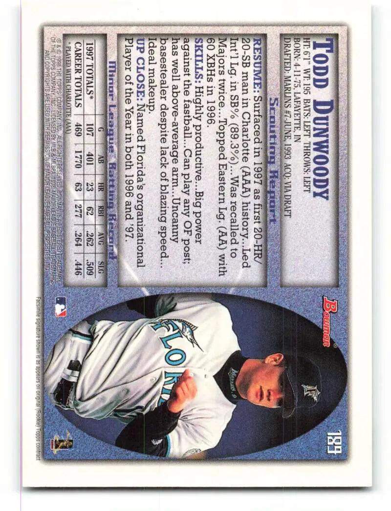 1998 Bowman #189 Todd Dunwoody EX Excellent Florida Marlins Baseball Card - Baseball Card Single