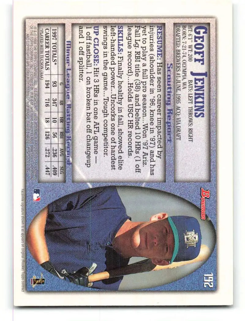 1998 Bowman #192 Geoff Jenkins EX Excellent Milwaukee Brewers Baseball Card - Baseball Card Single