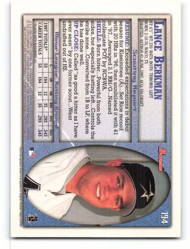 1998 Bowman #194 Lance Berkman EX Excellent Houston Astros Baseball Card - Baseball Card Single