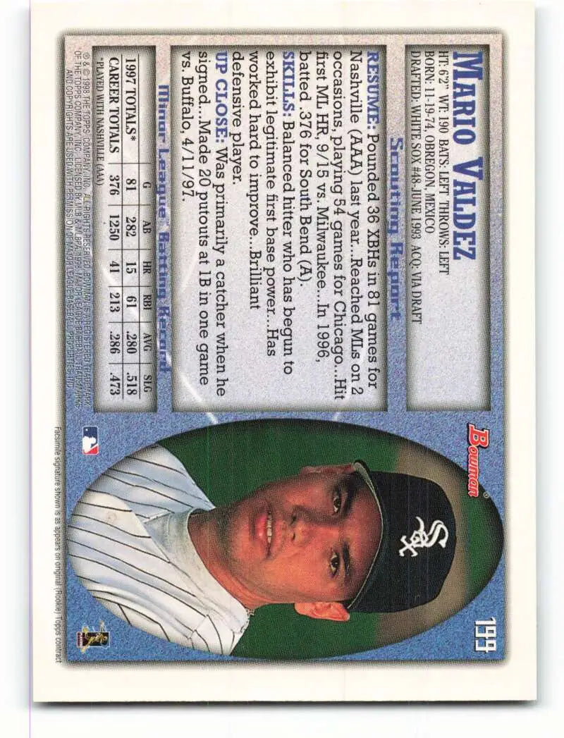 1998 Bowman #199 Mario Valdez EX Excellent Chicago White Sox Baseball Card - Baseball Card Single