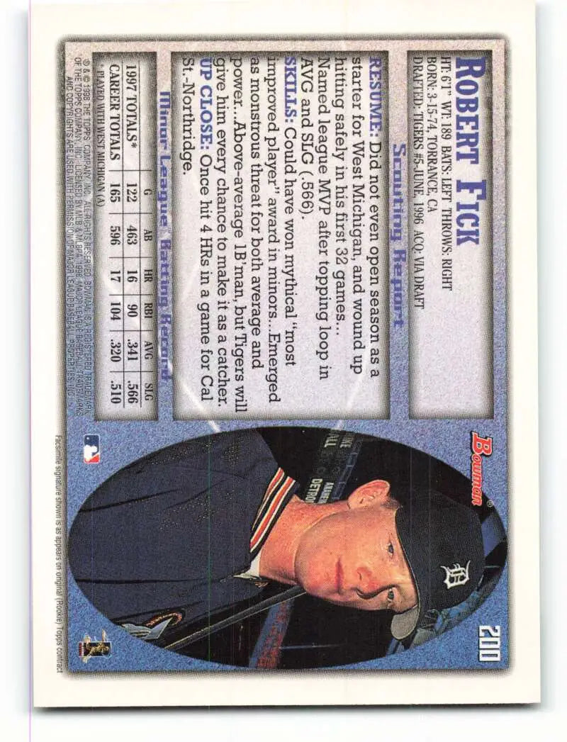 1998 Bowman #200 Robert Fick EX Excellent RC Rookie Detroit Tigers Baseball Card - Baseball Card Single