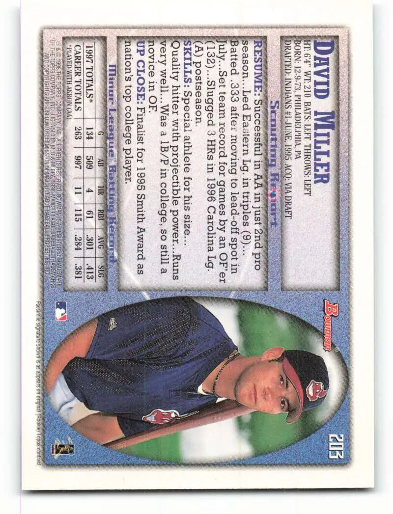 1998 Bowman #203 David Miller EX Excellent Cleveland Indians Baseball Card - Baseball Card Single