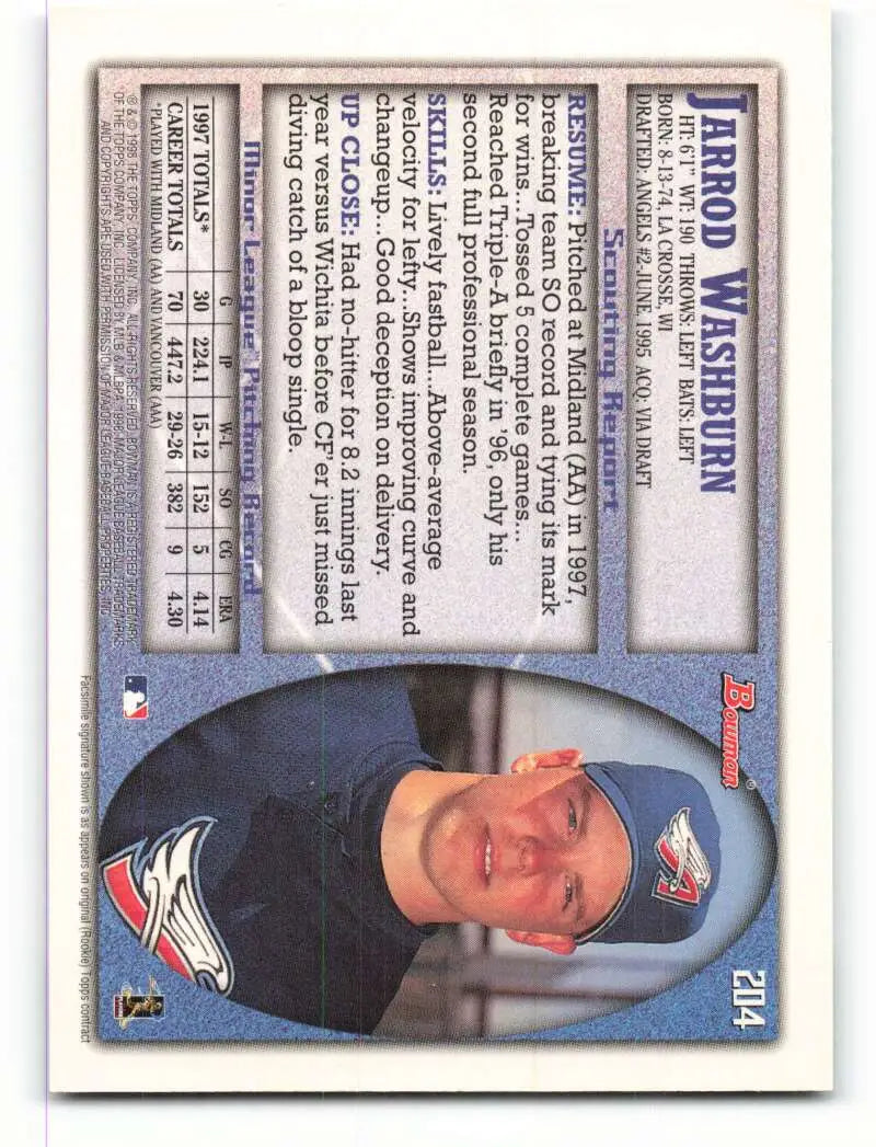 1998 Bowman #204 Jarrod Washburn EX Excellent Anaheim Angels Baseball Card - Baseball Card Single