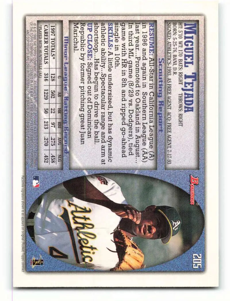 1998 Bowman #205 Miguel Tejada EX Excellent Oakland Athletics Baseball Card - Baseball Card Single