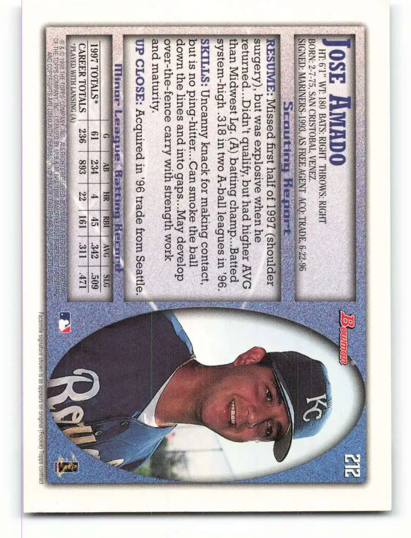 1998 Bowman #212 Jose Amado EX Excellent RC Rookie Kansas City Royals Baseball Card - Baseball Card Single