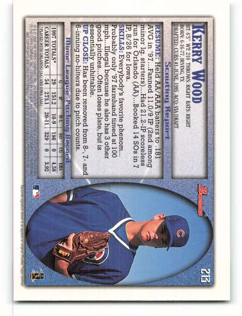 1998 Bowman #213 Kerry Wood EX Excellent Chicago Cubs Baseball Card - Baseball Card Single