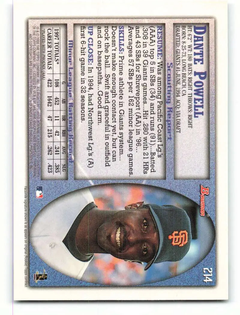 1998 Bowman #214 Dante Powell EX Excellent San Francisco Giants Baseball Card - Baseball Card Single