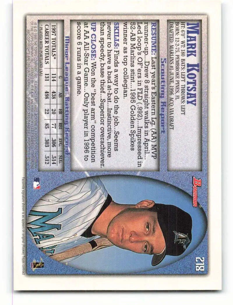 1998 Bowman #218 Mark Kotsay EX Excellent Florida Marlins Baseball Card - Baseball Card Single