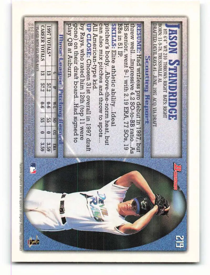 1998 Bowman #219 Jason Standridge EX Excellent Tampa Bay Devil Rays Baseball Card - Baseball Card Single