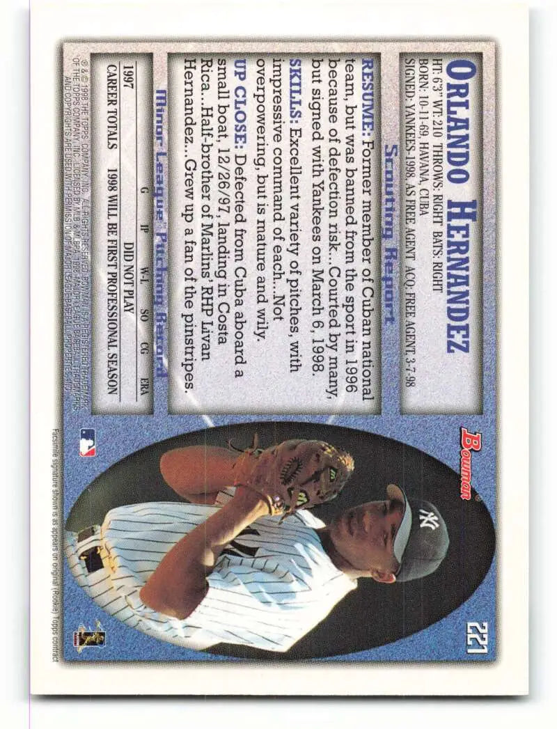 1998 Bowman #221 Orlando Hernandez EX Excellent RC Rookie New York Yankees Baseball Card - Baseball Card Single