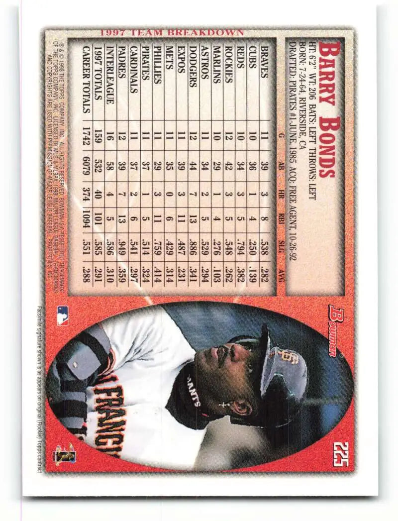 1998 Bowman #225 Barry Bonds EX Excellent San Francisco Giants Baseball Card - Baseball Card Single
