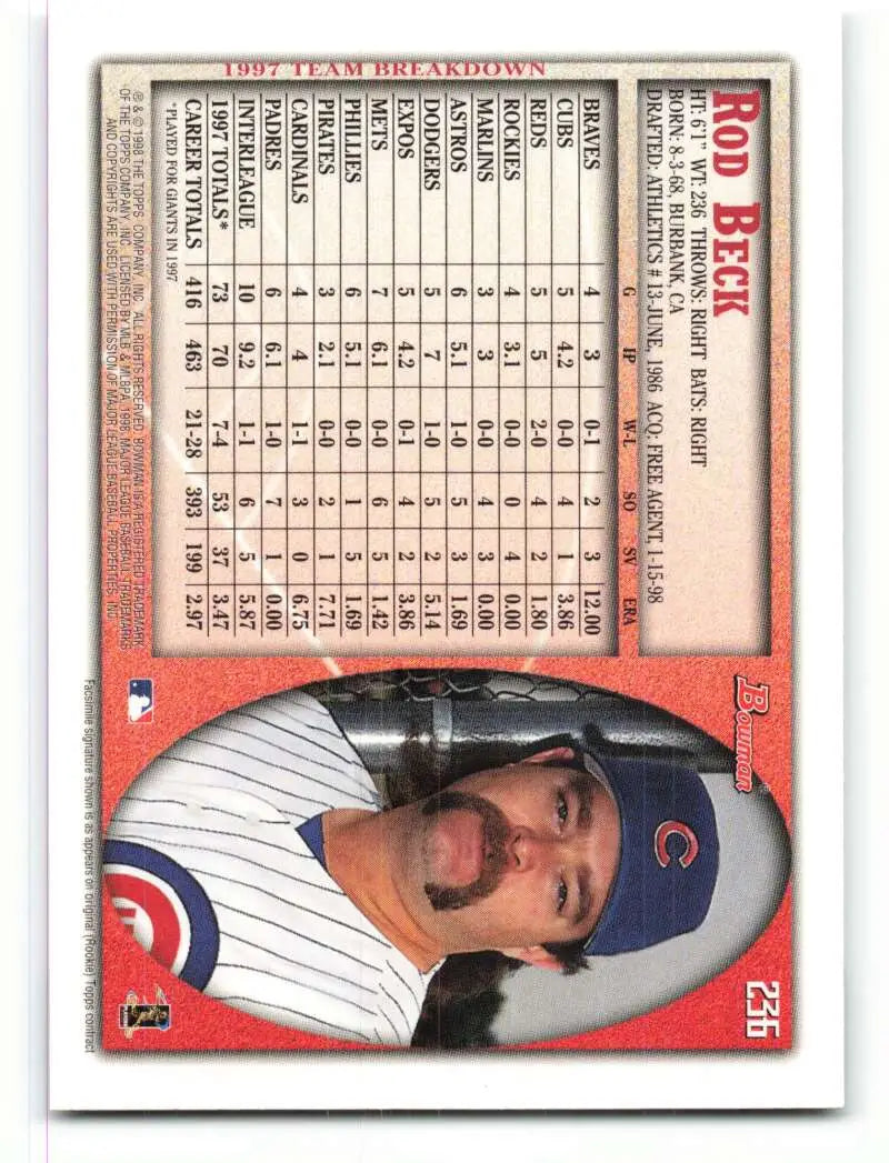 1998 Bowman #236 Rod Beck EX Excellent Chicago Cubs Baseball Card - Baseball Card Single