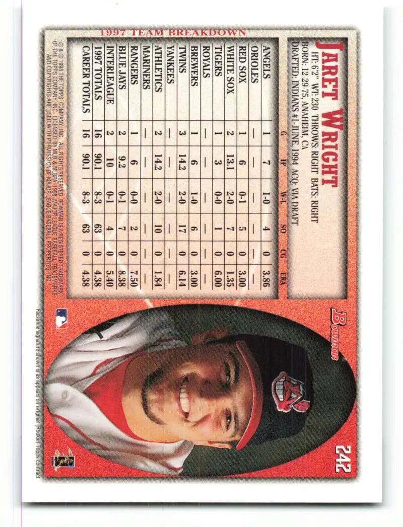 1998 Bowman #242 Jaret Wright EX Excellent Cleveland Indians Baseball Card - Baseball Card Single